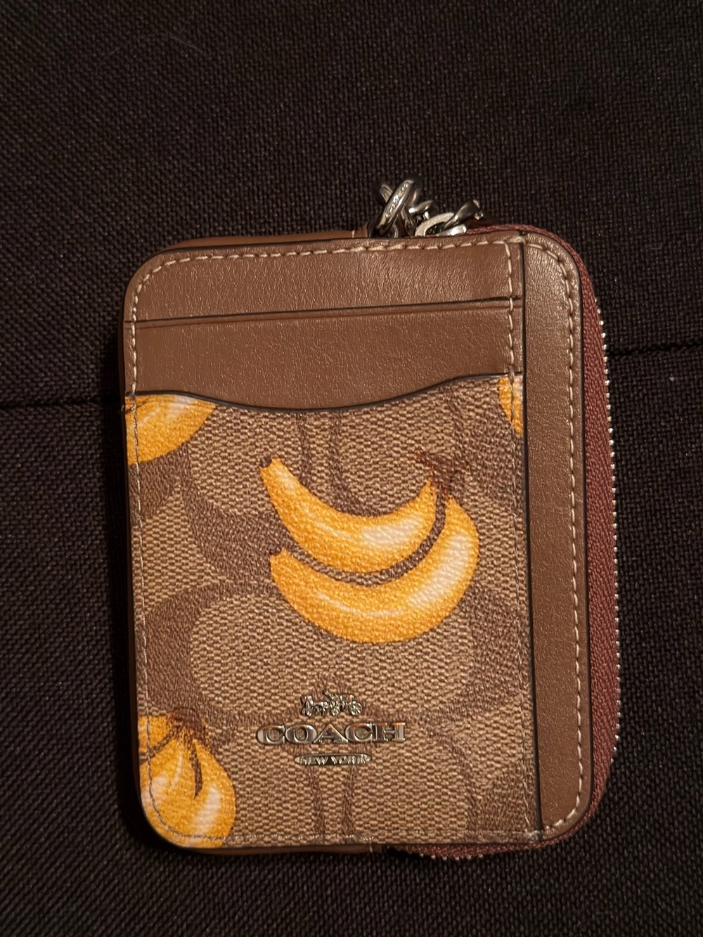 Coach Brown Signature Canvas Card Case with Yellow Banana Print